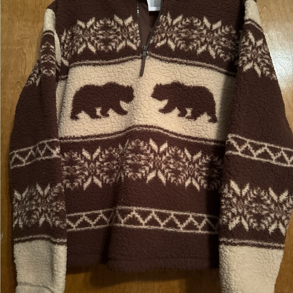 Brown and Cream Bear Pattern Quarter Zip